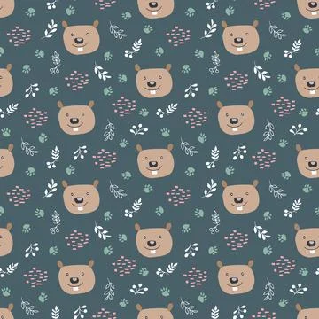 Cute Beaver Seamless pattern. Cartoon Animals in forest background. Vector il Stock Illustration