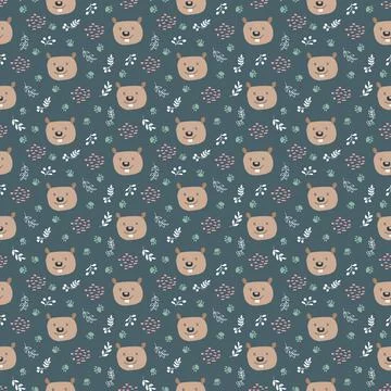 Cute Beaver Seamless pattern. Cartoon Animals in forest background. Vector il Stock Illustration