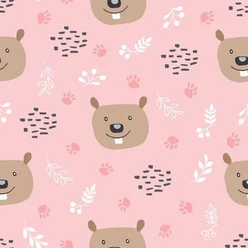 Cute Beaver Seamless pattern. Cartoon Animals in forest background. Vector il Stock Illustration