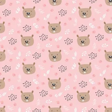Cute Beaver Seamless pattern. Cartoon Animals in forest background. Vector il Stock Illustration