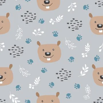 Cute Beaver Seamless pattern. Cartoon Animals in forest background. Vector il Stock Illustration