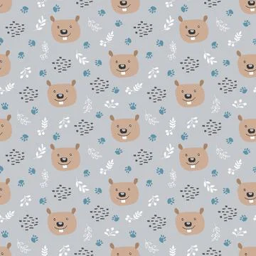 Cute Beaver Seamless pattern. Cartoon Animals in forest background. Vector il Stock Illustration