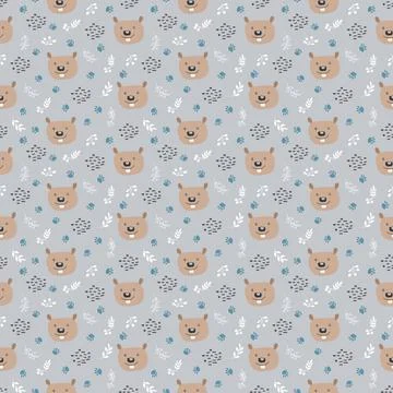 Cute Beaver Seamless pattern. Cartoon Animals in forest background. Vector il Stock Illustration