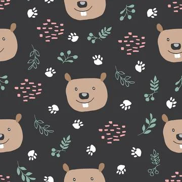 Cute Beaver Seamless pattern. Cartoon Animals in forest background. Vector il Stock Illustration