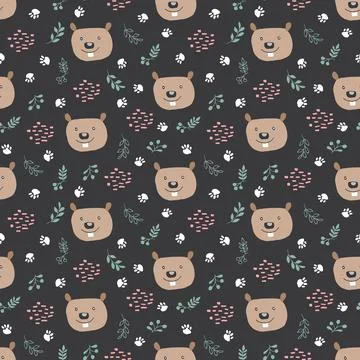 Cute Beaver Seamless pattern. Cartoon Animals in forest background. Vector il Stock Illustration