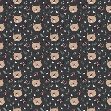 Cute Beaver Seamless pattern. Cartoon Animals in forest background. Vector il Stock Illustration