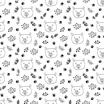 Cute Beaver Seamless pattern. Cartoon Animals in forest background. Vector il Stock Illustration