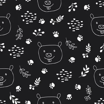 Cute Beaver Seamless pattern. Cartoon Animals in forest background. Vector il Stock Illustration