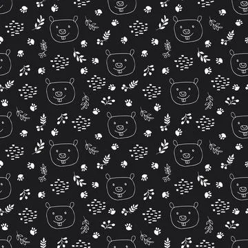 Cute Beaver Seamless pattern. Cartoon Animals in forest background. Vector il Illustrazione stock