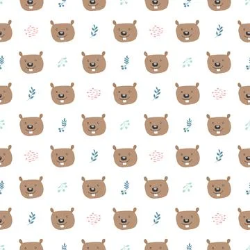 Cute Beaver Seamless pattern. Cartoon Animals in forest background. Vector il Stock Illustration