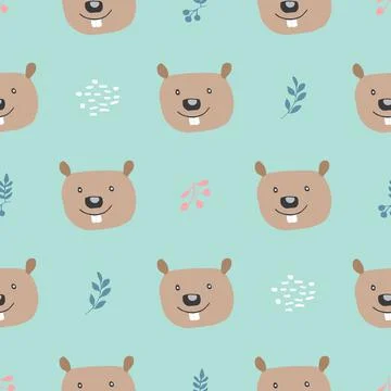 Cute Beaver Seamless pattern. Cartoon Animals in forest background. Vector il Illustrazione stock
