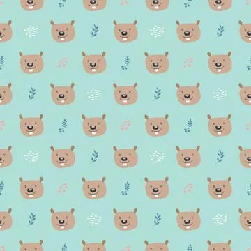 Cute Beaver Seamless pattern. Cartoon Animals in forest background. Vector il Stock Illustration