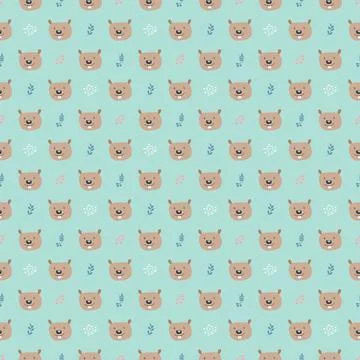 Cute Beaver Seamless pattern. Cartoon Animals in forest background. Vector il Stock Illustration