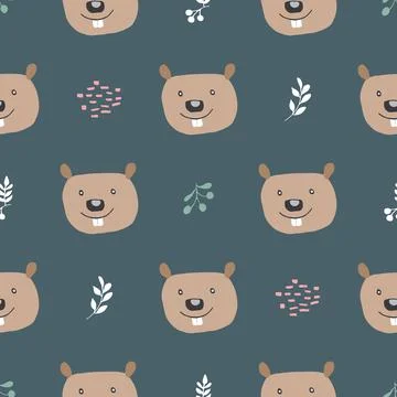 Cute Beaver Seamless pattern. Cartoon Animals in forest background. Vector il Stock Illustration