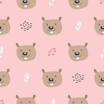 Cute Beaver Seamless pattern. Cartoon Animals in forest background. Vector il 스톡 일러스트