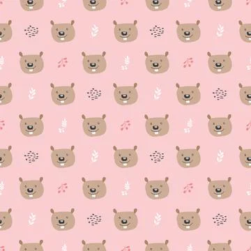 Cute Beaver Seamless pattern. Cartoon Animals in forest background. Vector il 스톡 일러스트