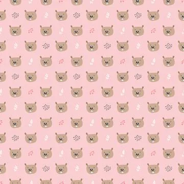 Cute Beaver Seamless pattern. Cartoon Animals in forest background. Vector il Stock Illustration