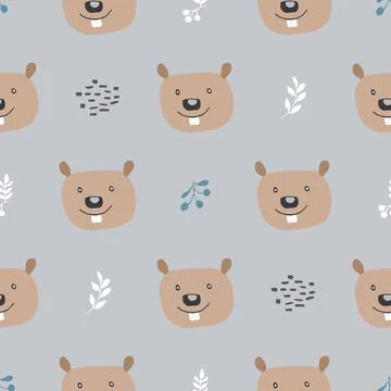 Cute Beaver Seamless pattern. Cartoon Animals in forest background. Vector il Illustrazione stock