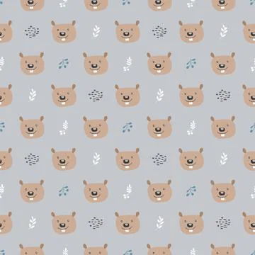 Cute Beaver Seamless pattern. Cartoon Animals in forest background. Vector il Stock Illustration