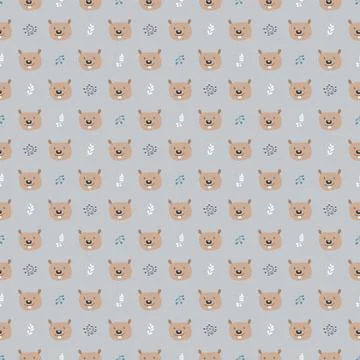 Cute Beaver Seamless pattern. Cartoon Animals in forest background. Vector il Stock Illustration