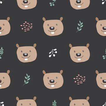 Cute Beaver Seamless pattern. Cartoon Animals in forest background. Vector il Stock Illustration