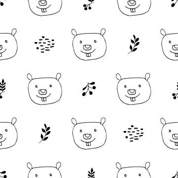 Cute Beaver Seamless pattern. Cartoon Animals in forest background. Vector il Stock Illustration
