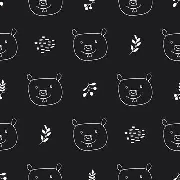 Cute Beaver Seamless pattern. Cartoon Animals in forest background. Vector il Stock Illustration
