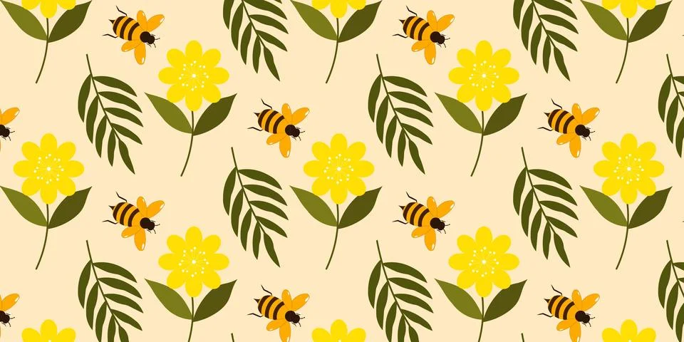 Cute Bee and daisy Pattern Background イラスト素材