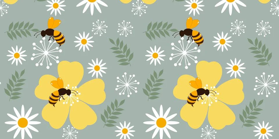 Cute Bee and daisy Pattern Background Stock Illustration