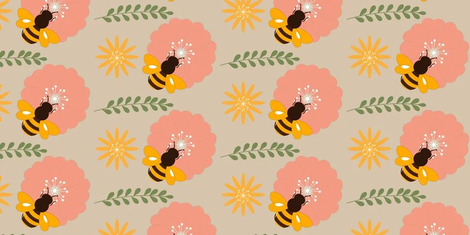 Cute Bee and daisy Pattern Background Stock Illustration