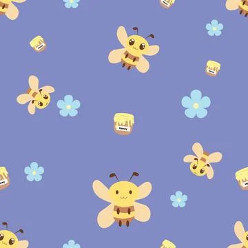 Cute Bee and Flower Seamless Pattern Kawaii Cartoon Honey Background for Ki.. Stock Illustration