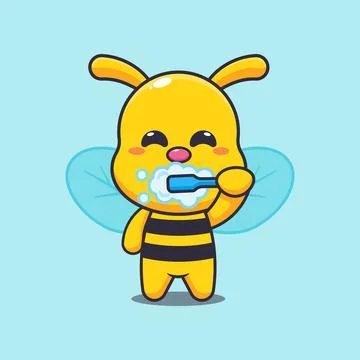 Cute bee brushing teeth cartoon vector illustration. Stock Illustration