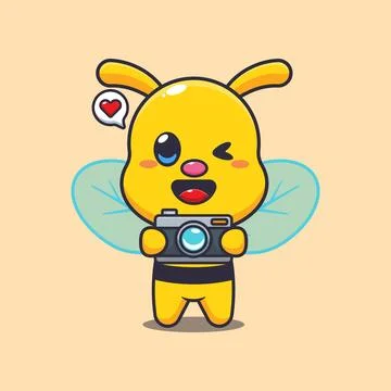Cute bee with camera cartoon vector illustration. Stock Illustration