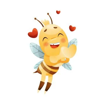 Cute Bee Character with Striped Yellow Body and Wings Fluttering with Beating Stock Illustration