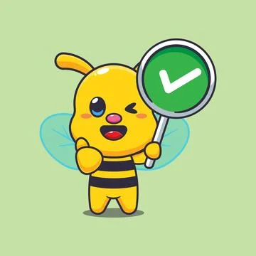 Cute bee with correct sign cartoon vector illustration. Stock Illustration