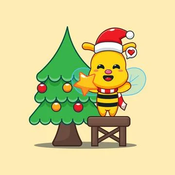 Cute bee decorating the Christmas tree on Christmas day. Cartoon vector ill.. Stock Illustration