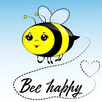 Cute bee drawing the quotes "Bee happy" with heart.  Stock Illustration