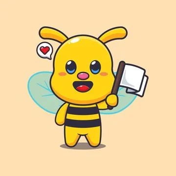 Cute bee with flag cartoon vector illustration. Stock Illustration