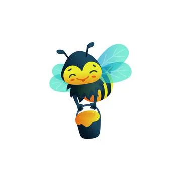 Cute bee flying with bucket full of honey flat vector illustration isolated. Stock Illustration