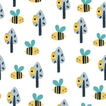 Cute bee in the forest seamless pattern. The woodland hive background Stock Illustration