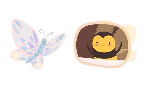 Cute Bee Looking Out of Window of Cosy Burrow and Fluttering Butterfly Vector Stock Illustration