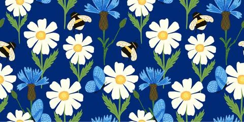 Cute bee on meadow seamless pattern. Summer flowers on blue background. Ilustración de archivo
