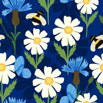 Cute bee on meadow seamless pattern. Summer flowers on blue background. Ilustración de archivo