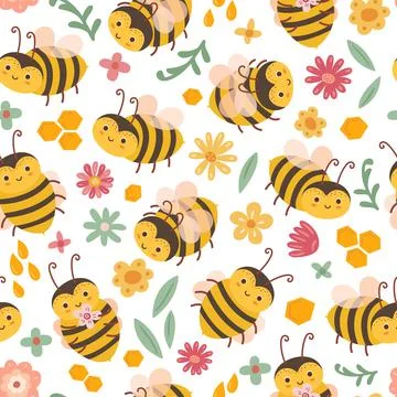 Cute bee pattern. Bees and flowers, cartoon flying insects. Art textile print Stock Illustration