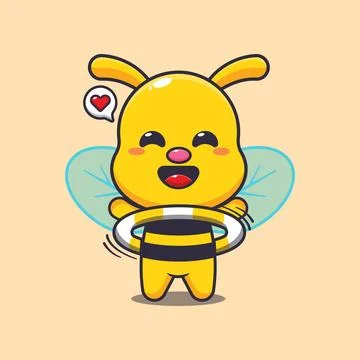 Cute bee playing hula hoop cartoon vector illustration. Stock Illustration
