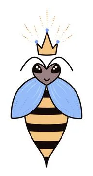Cute bee queen in black, yellow and blue colors Stock Illustration