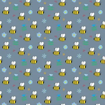 Cute Bee Seamless Pattern, Cartoon Hand Drawn honeybee Doodles Vector Illustr Stock Illustration