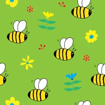 Cute Bee Seamless Pattern, Cartoon Hand Drawn honeybee Doodles Vector Illustr イラスト素材