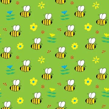Cute Bee Seamless Pattern, Cartoon Hand Drawn honeybee Doodles Vector Illustr Stock Illustration