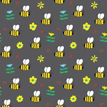 Cute Bee Seamless Pattern, Cartoon Hand Drawn honeybee Doodles Vector Illustr Stock Illustration